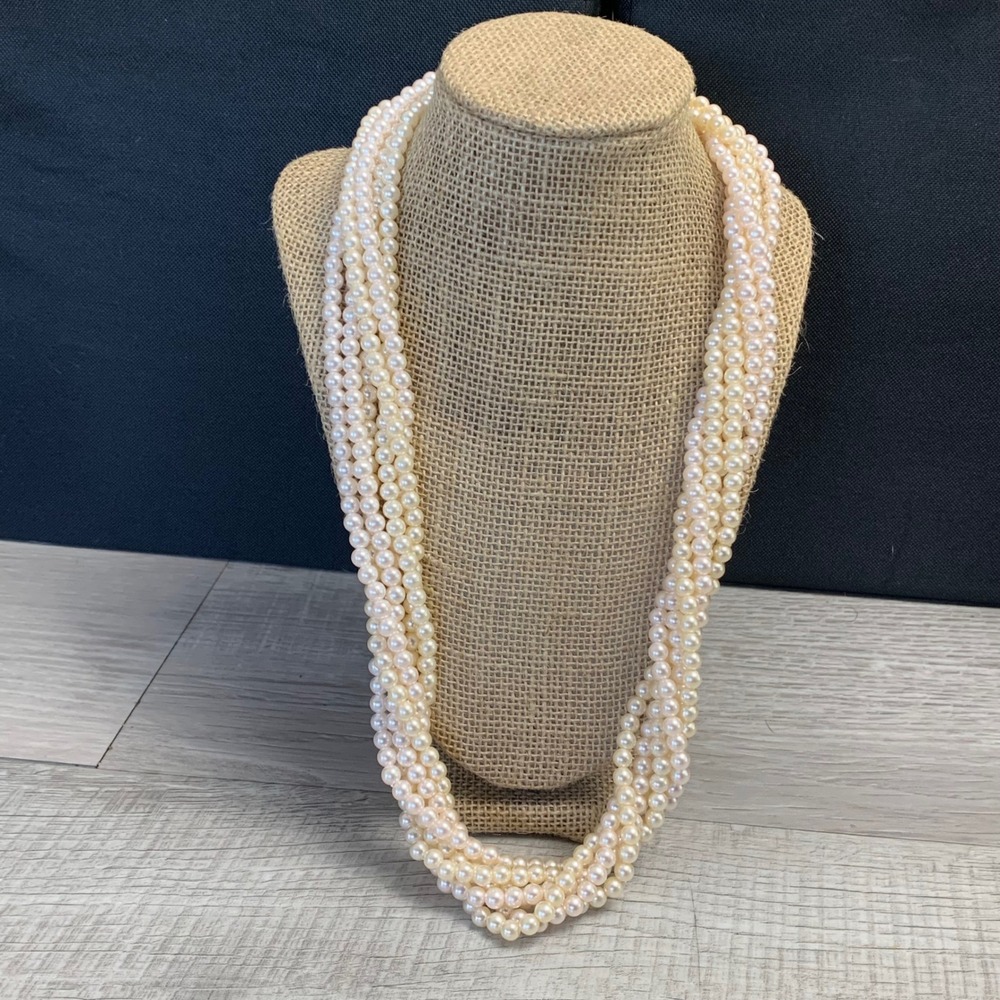 Vintage 5 Strand Faux Pearl Necklace Gold Tone Clasp Cream 24 Inch Multi Strand